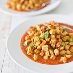 Yum! Crunch potato cubes in delicious tomato soup! Check out scissors.paper.wok for the full recipe!